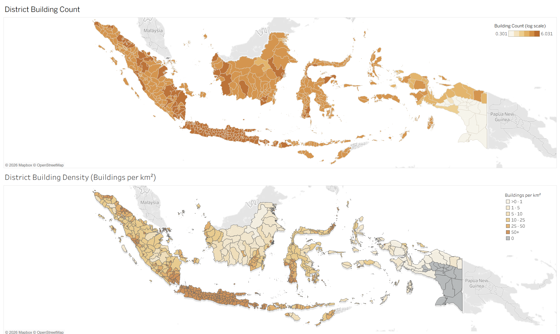 Original QuadLake Tableau export comparing district building-footprint counts and density across Indonesia.