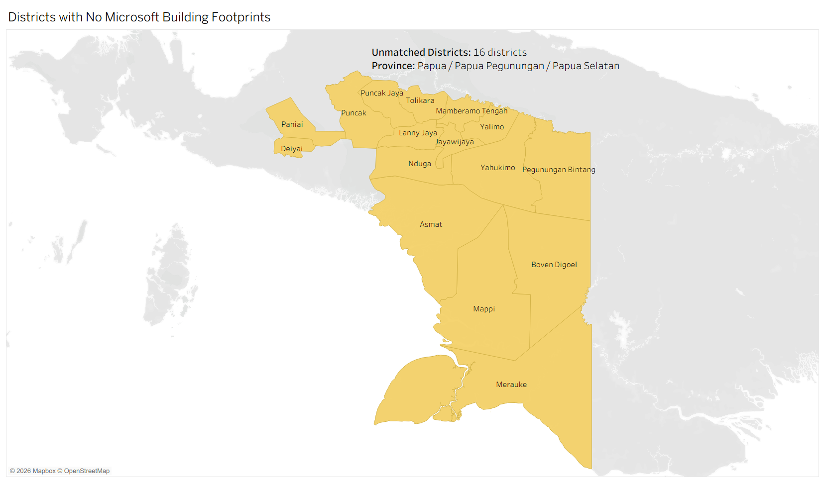 Original QuadLake coverage map highlighting 16 districts without assigned Microsoft building footprints, clustered in Papua, Papua Pegunungan and Papua Selatan.